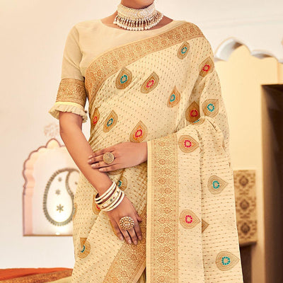 Cream Festive Wear Woven Banarasi Saree With Tassels