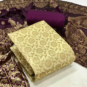 Cream Festive Wear Woven Banarasi Silk Dress Material