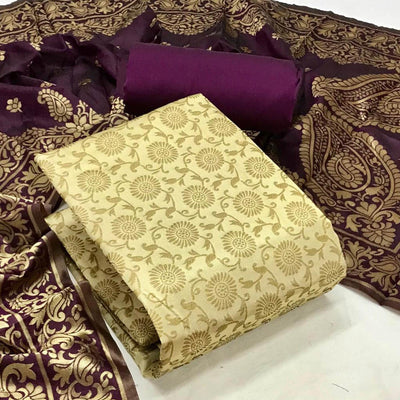 Cream Festive Wear Woven Banarasi Silk Dress Material