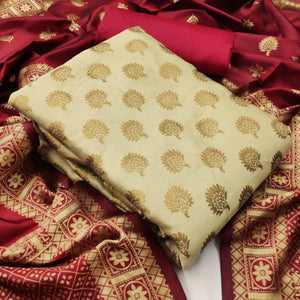 Cream Festive Wear Woven Banarasi Silk Dress Material
