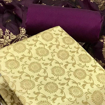Cream Festive Wear Woven Banarasi Silk Dress Material