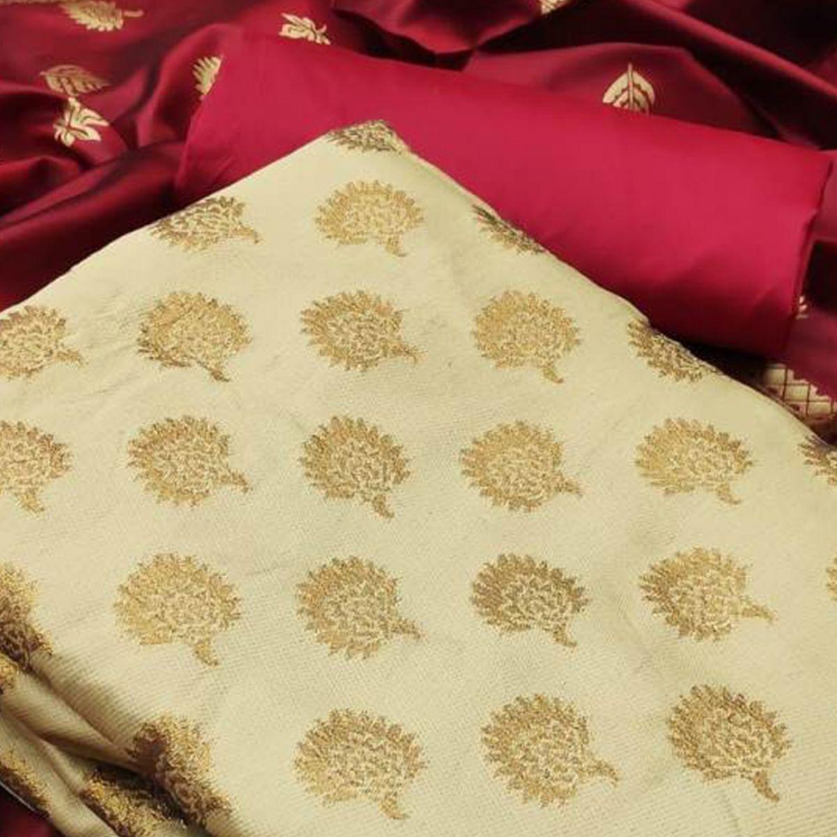 Cream Festive Wear Woven Banarasi Silk Dress Material