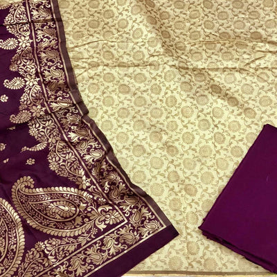 Cream Festive Wear Woven Banarasi Silk Dress Material