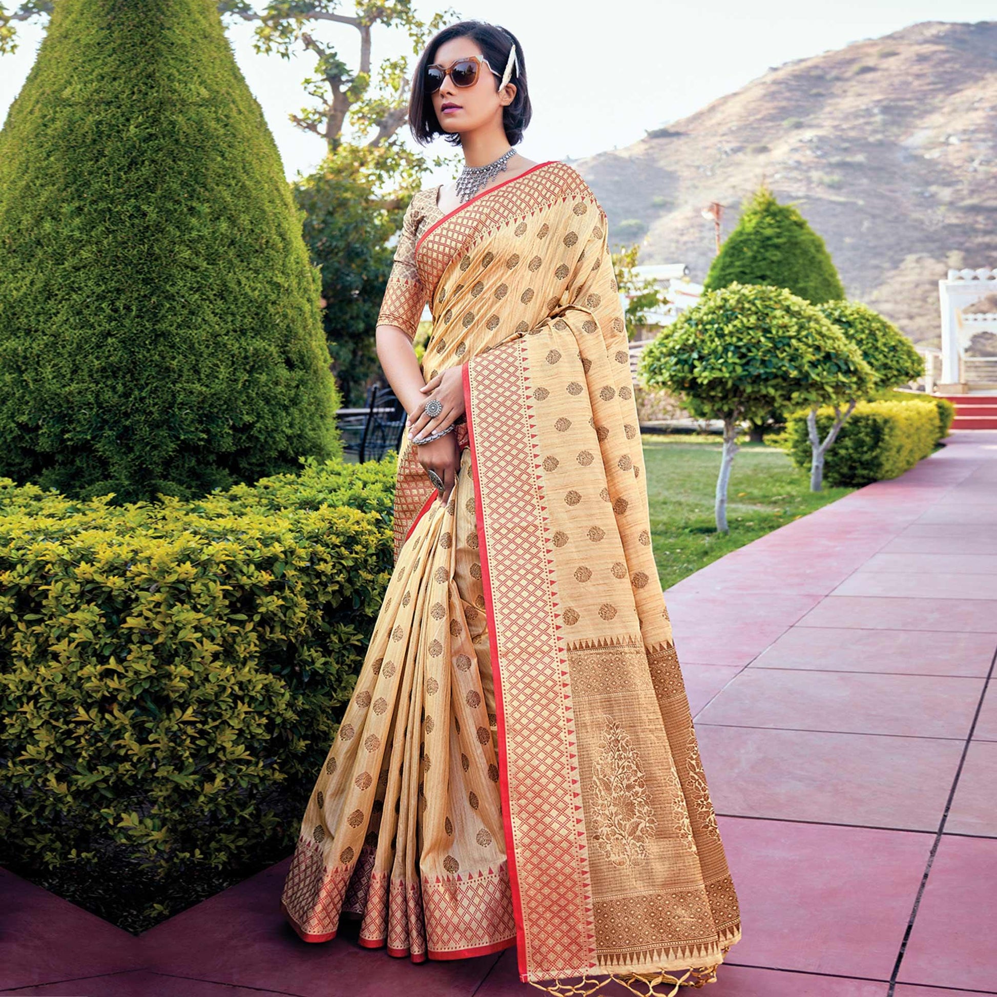 Cream Festive Wear Woven Banarasi Silk Saree