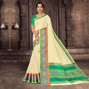 Cream Festive Wear Woven Cotton Handloom Saree