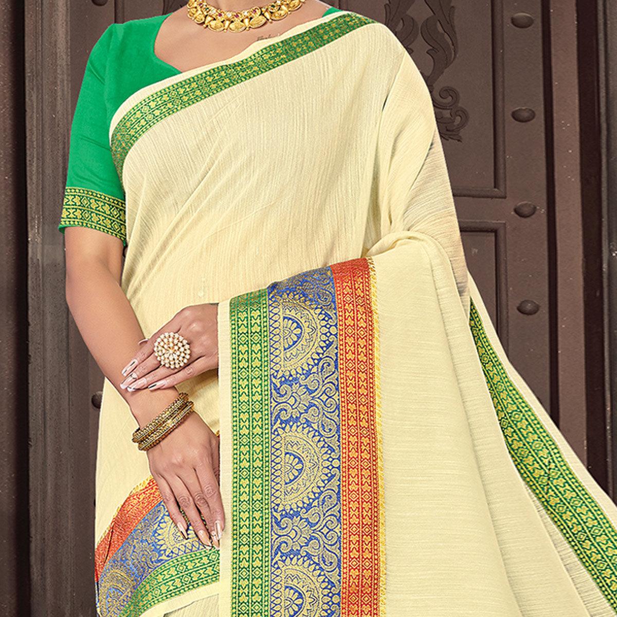 Cream Festive Wear Woven Cotton Handloom Saree