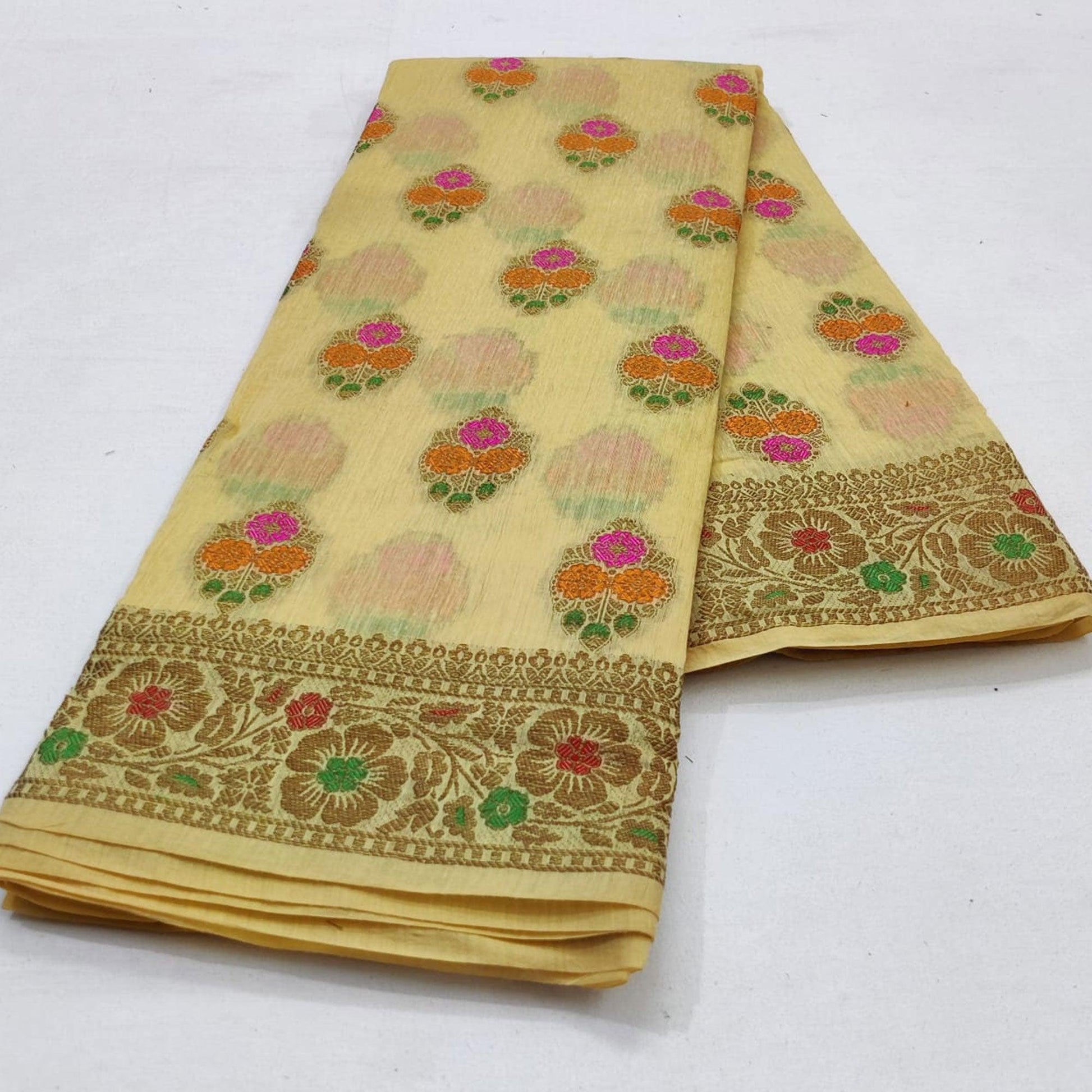 Cream Festive Wear Woven Cotton Saree With Meena Butta Pallu