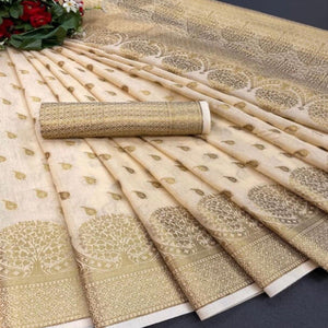 Cream Festive Wear Woven Cotton Saree With Zari Border