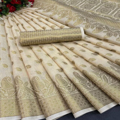 Cream Festive Wear Woven Cotton Saree With Zari Border
