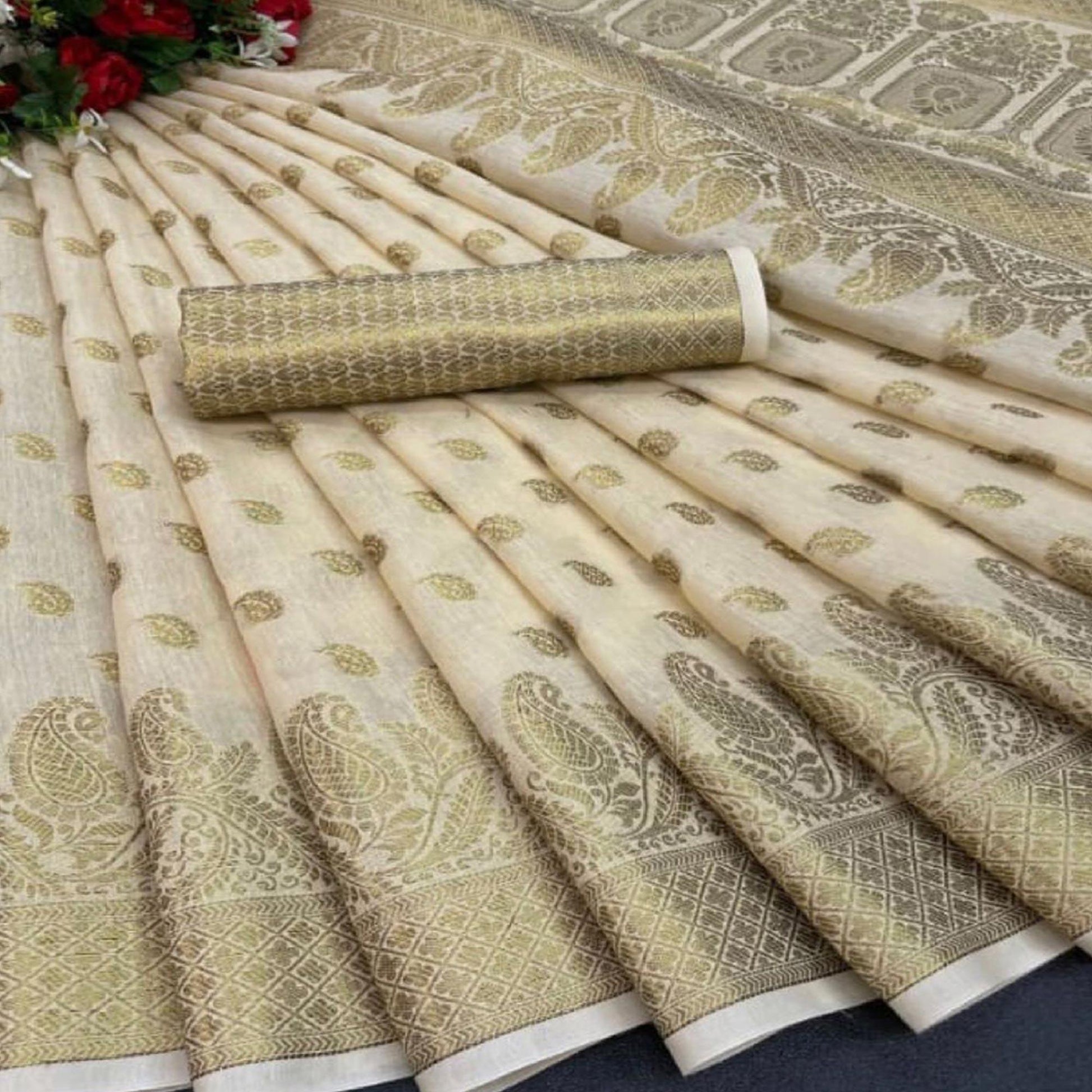 Cream Festive Wear Woven Cotton Saree With Zari Border