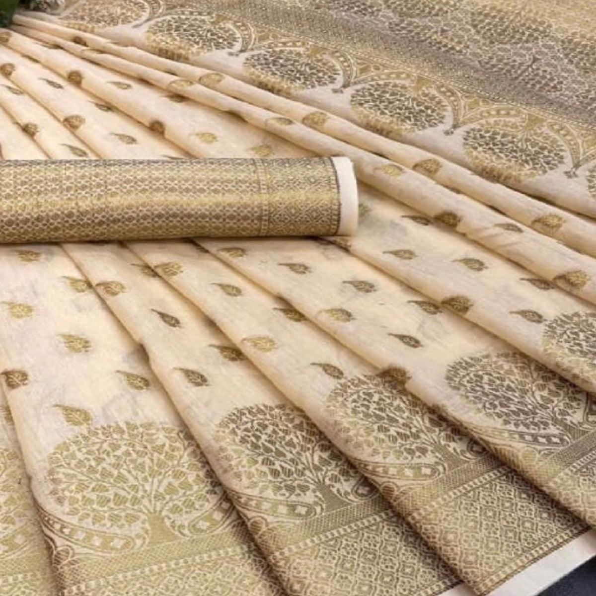 Cream Festive Wear Woven Cotton Saree With Zari Border