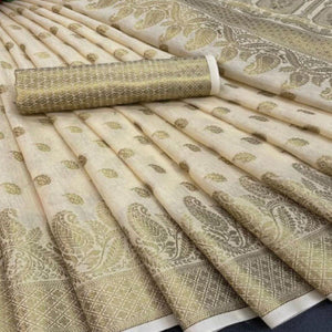 Cream Festive Wear Woven Cotton Saree With Zari Border