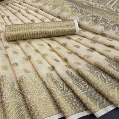 Cream Festive Wear Woven Cotton Saree With Zari Border