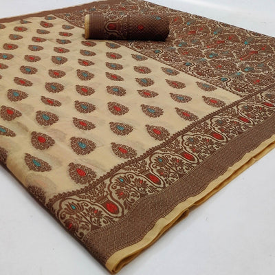 Cream Festive Wear Woven Cotton Silk Saree