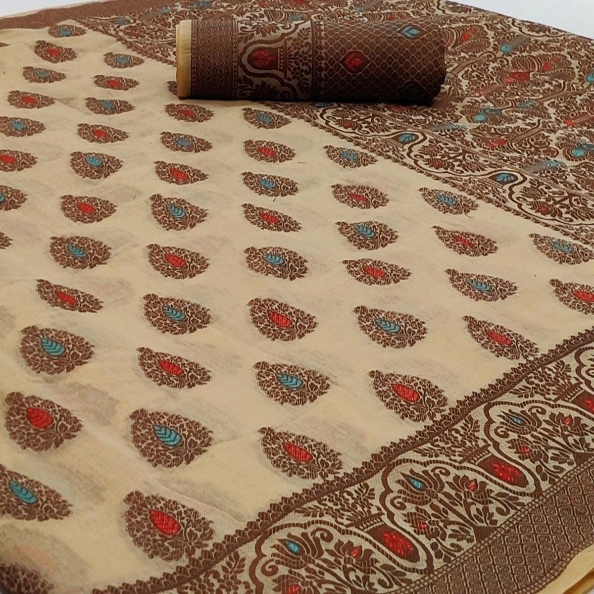 Cream Festive Wear Woven Cotton Silk Saree