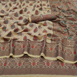 Cream Festive Wear Woven Cotton Silk Saree