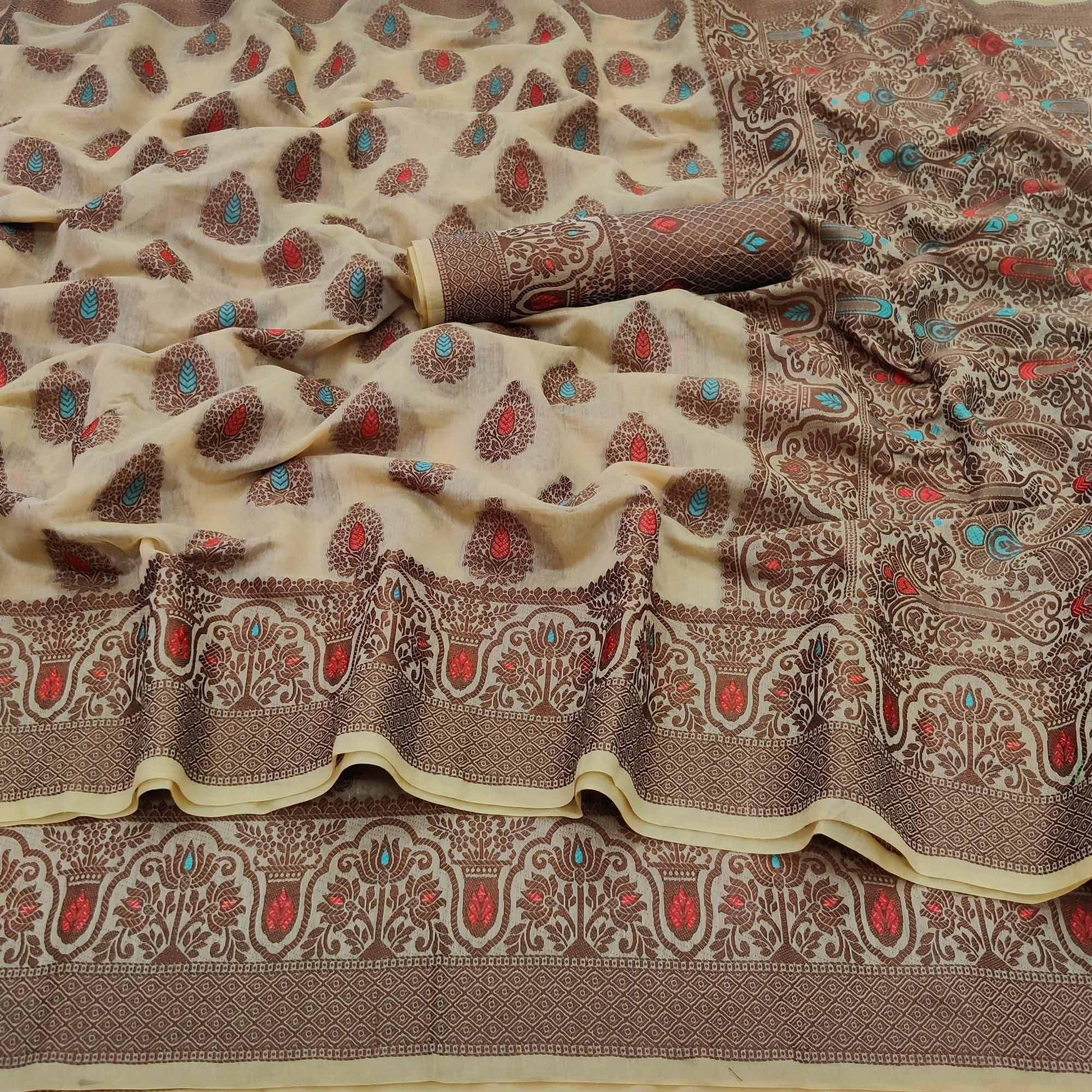 Cream Festive Wear Woven Cotton Silk Saree