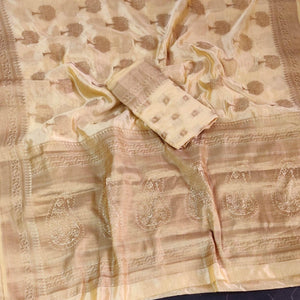 Cream Festive Wear Woven Designer Jacquard Border Soft Organza Saree