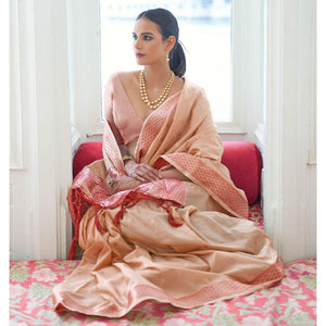 Cream Festive Wear Woven Handloom Silk Saree