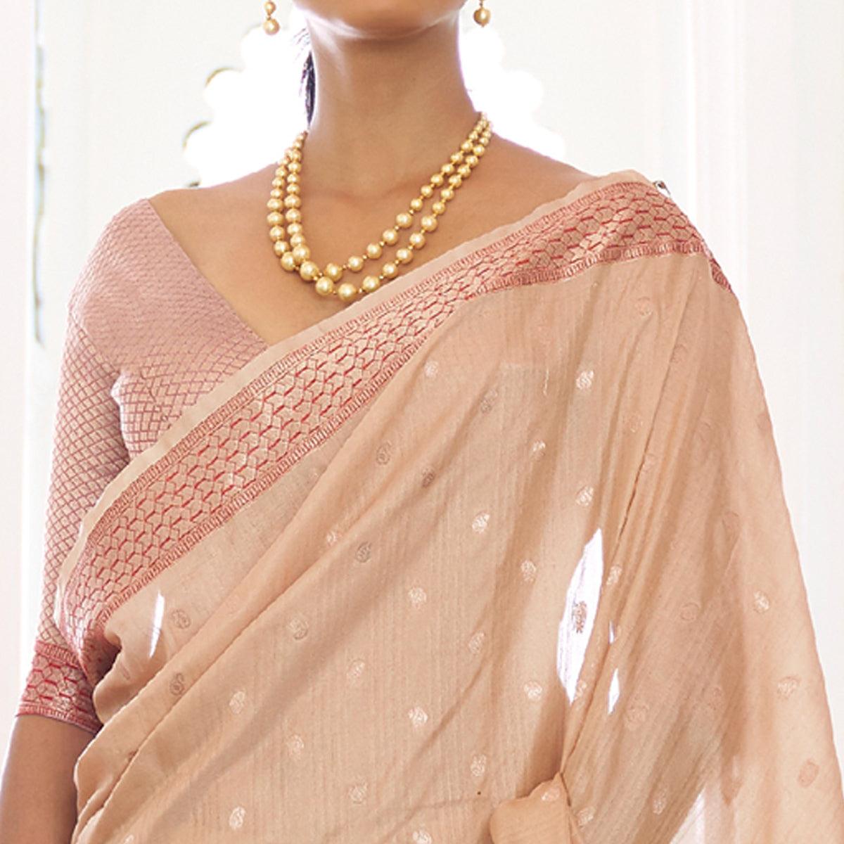 Cream Festive Wear Woven Handloom Silk Saree