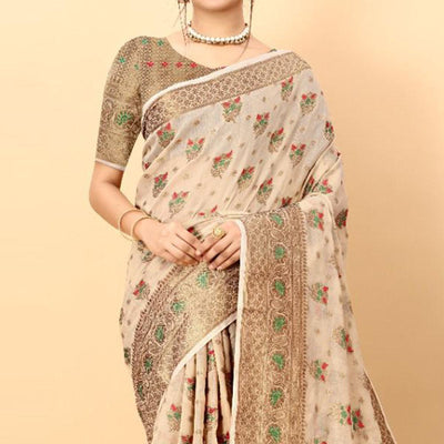 Cream Festive Wear Woven Heavy Cotton Saree