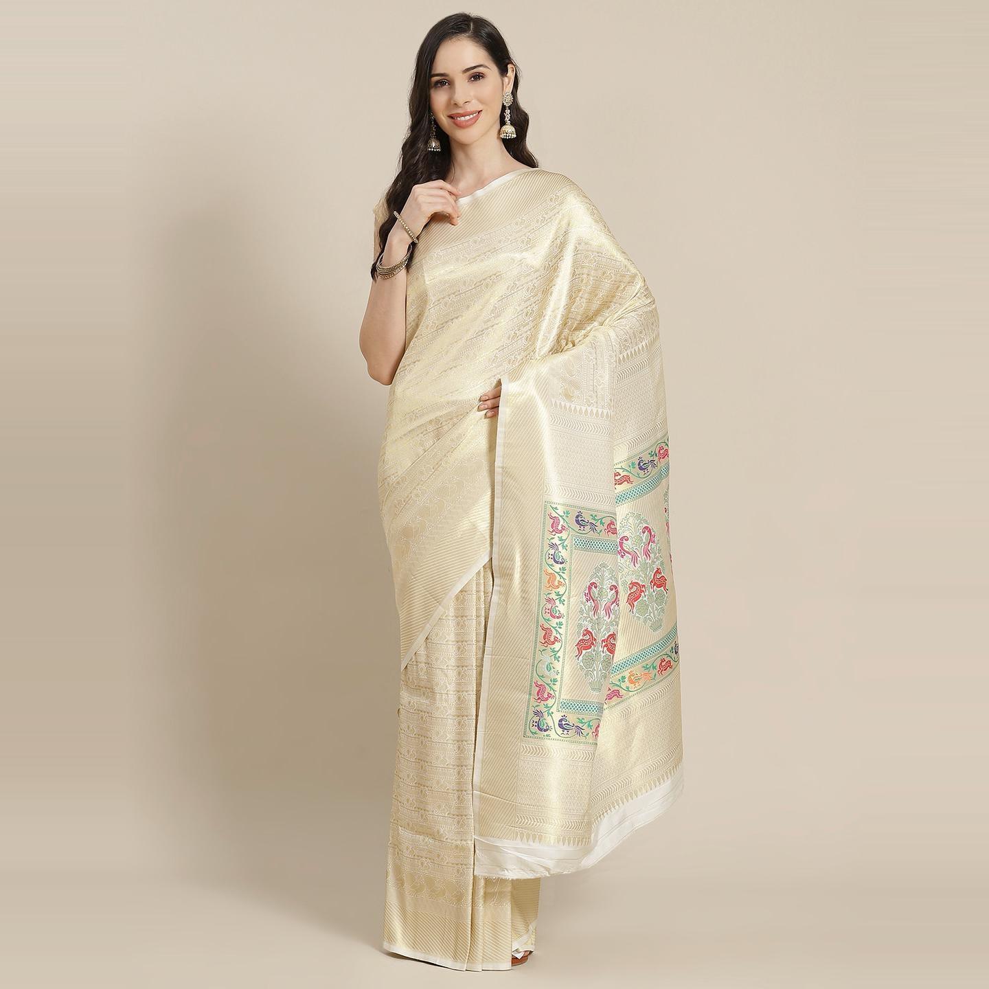 Cream Festive Wear Woven Kanjivaram Silk Saree