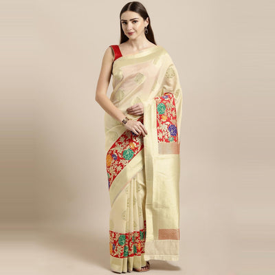 Cream Festive Wear Woven Kanjivaram Silk Saree