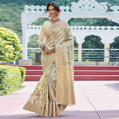 Cream Festive Wear Woven Linen Saree