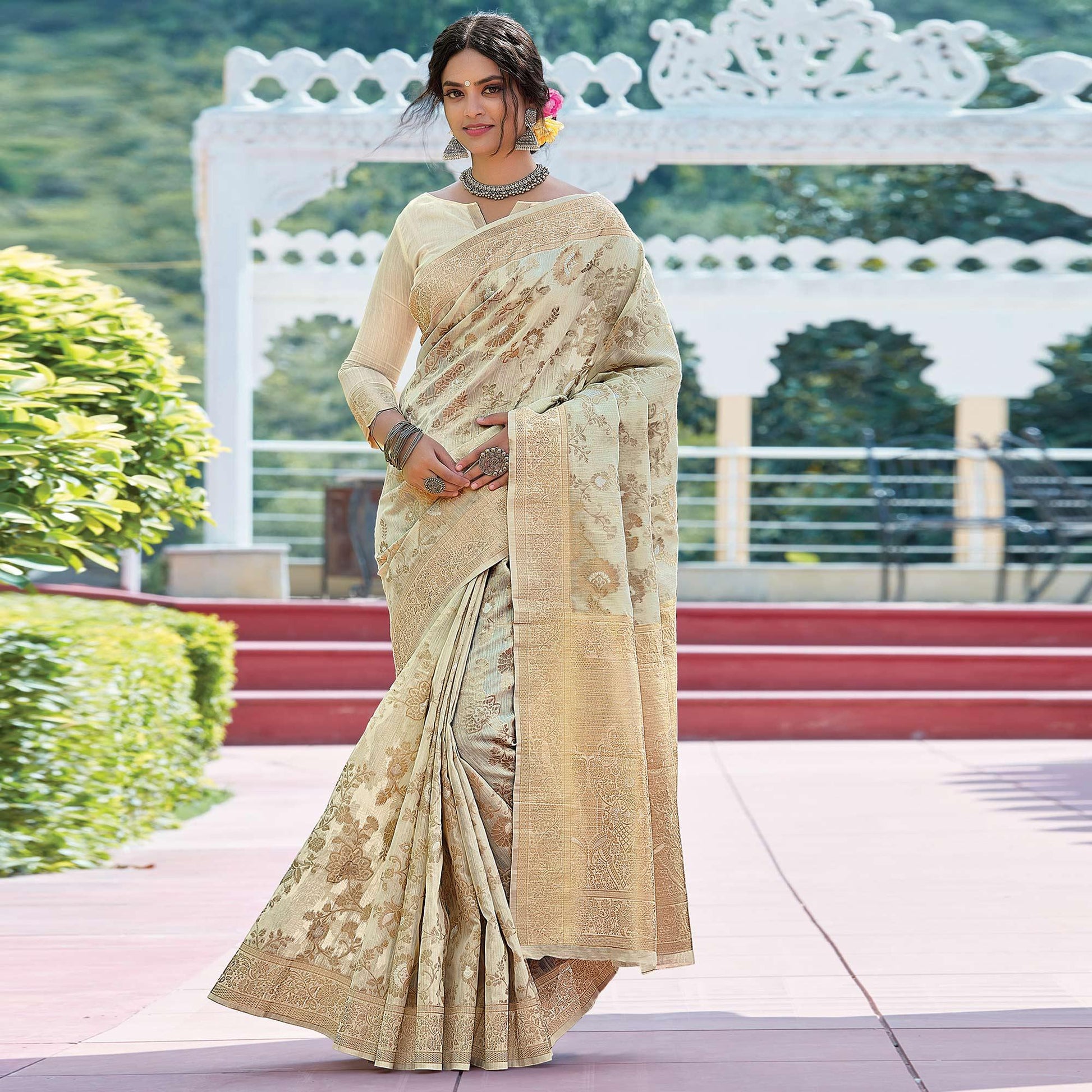 Cream Festive Wear Woven Linen Saree