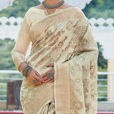 Cream Festive Wear Woven Linen Saree