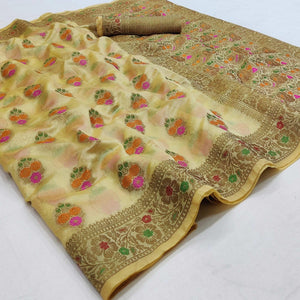 Cream Festive Wear Woven Organza Saree
