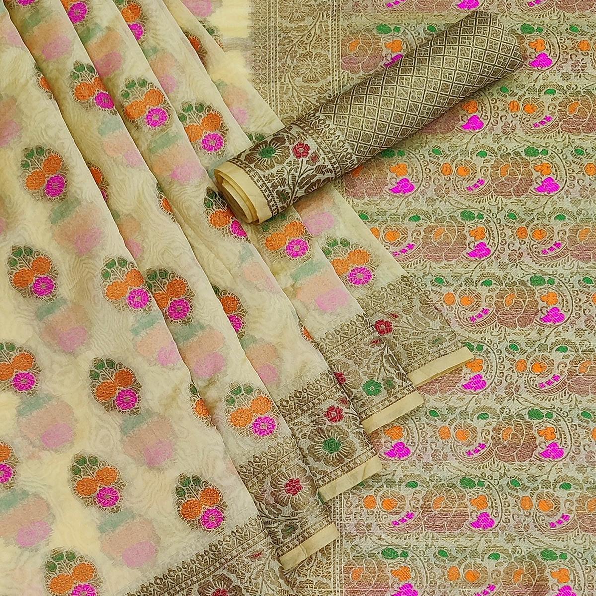 Cream Festive Wear Woven Organza Saree