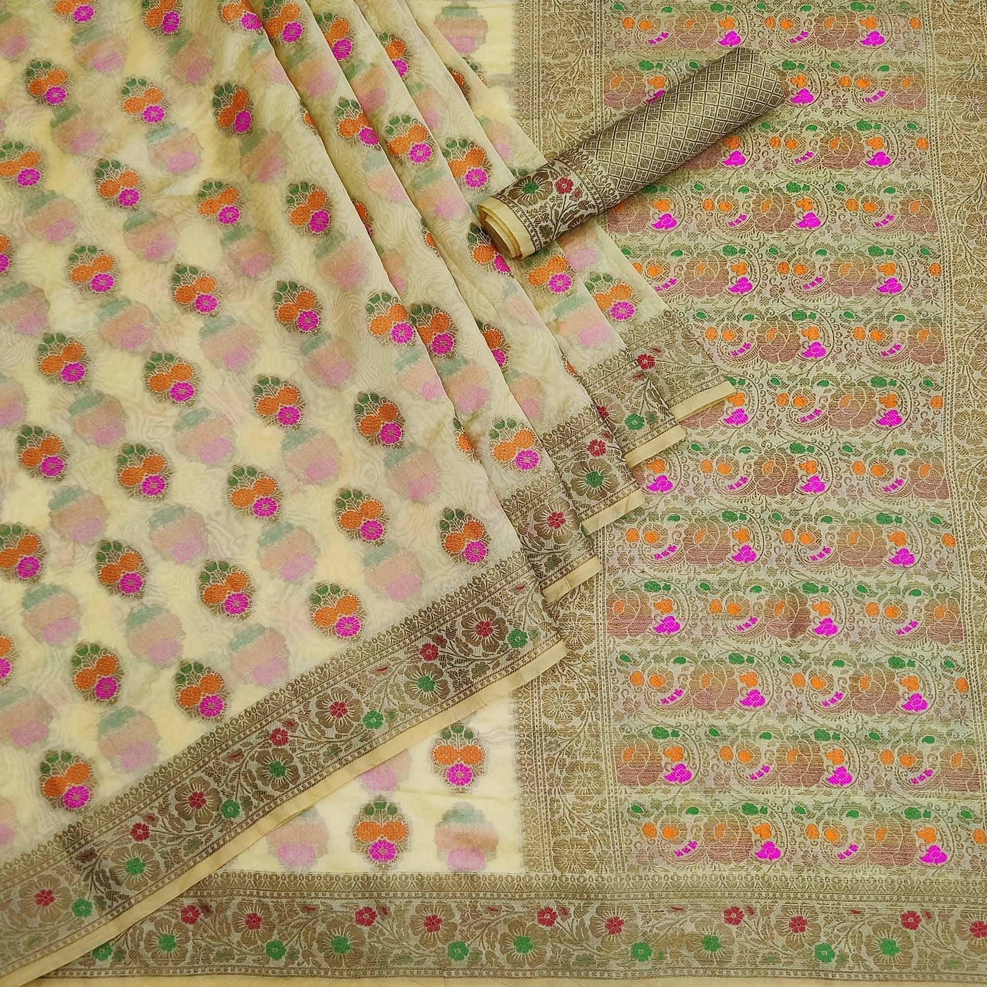Cream Festive Wear Woven Organza Saree