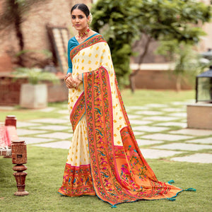 Cream Festive Wear Woven Paithani Silk Brasso Saree