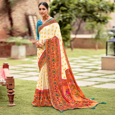 Cream Festive Wear Woven Paithani Silk Brasso Saree