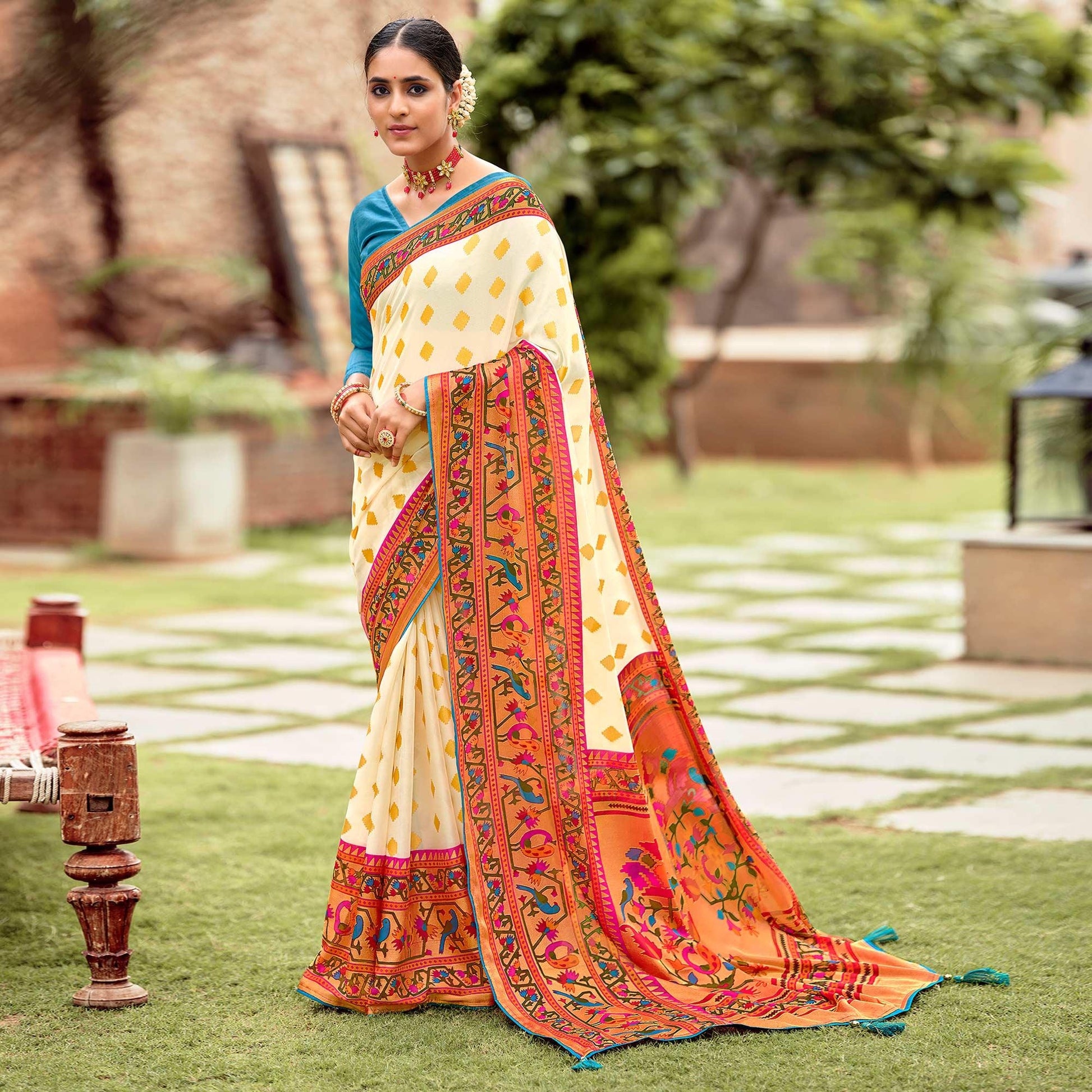 Cream Festive Wear Woven Paithani Silk Brasso Saree