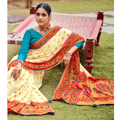 Cream Festive Wear Woven Paithani Silk Brasso Saree