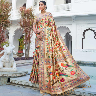 Cream Festive Wear Woven Pure Paithani Silk Saree