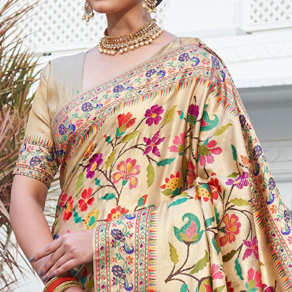 Cream Festive Wear Woven Pure Paithani Silk Saree