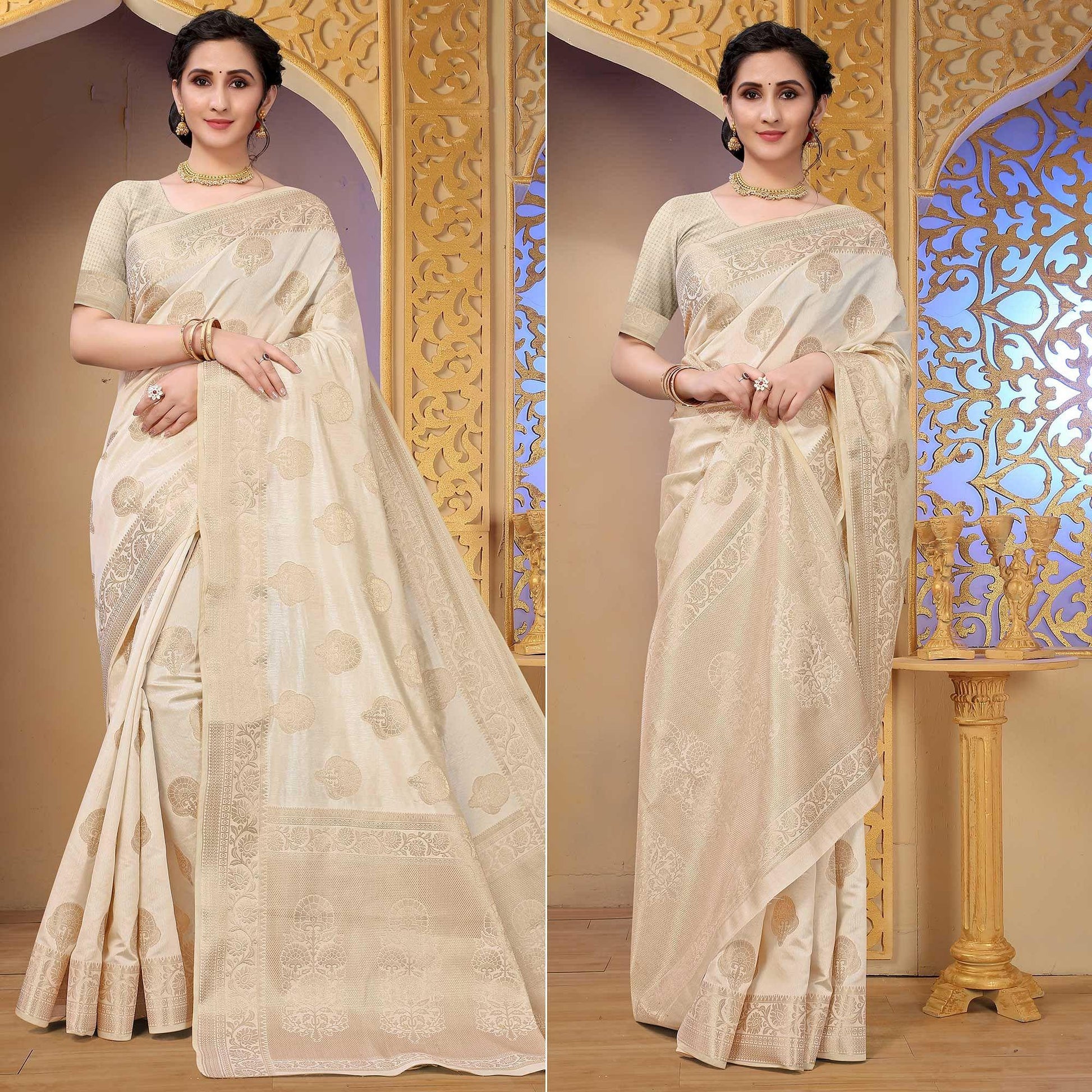 Cream Festive Wear Woven Raw Silk Saree