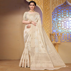 Cream Festive Wear Woven Raw Silk Saree