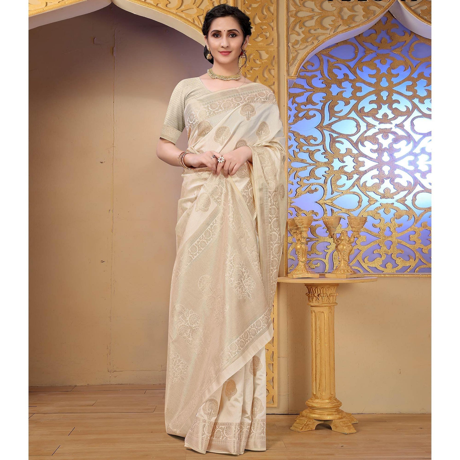Cream Festive Wear Woven Raw Silk Saree