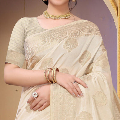 Cream Festive Wear Woven Raw Silk Saree