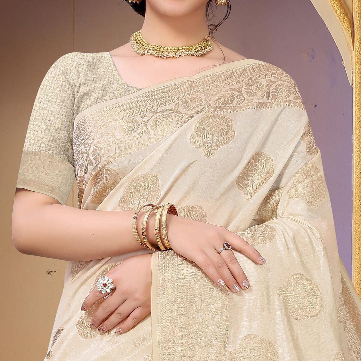 Cream Festive Wear Woven Raw Silk Saree