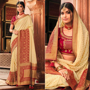Cream Festive Wear Woven Silk Saree