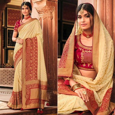 Cream Festive Wear Woven Silk Saree