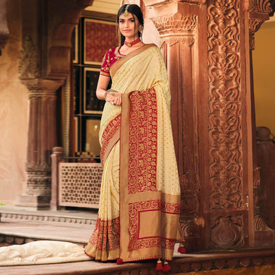 Cream Festive Wear Woven Silk Saree