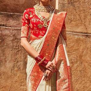 Cream Festive Wear Woven Silk Saree