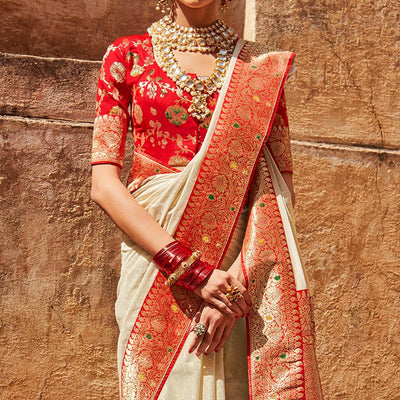 Cream Festive Wear Woven Silk Saree