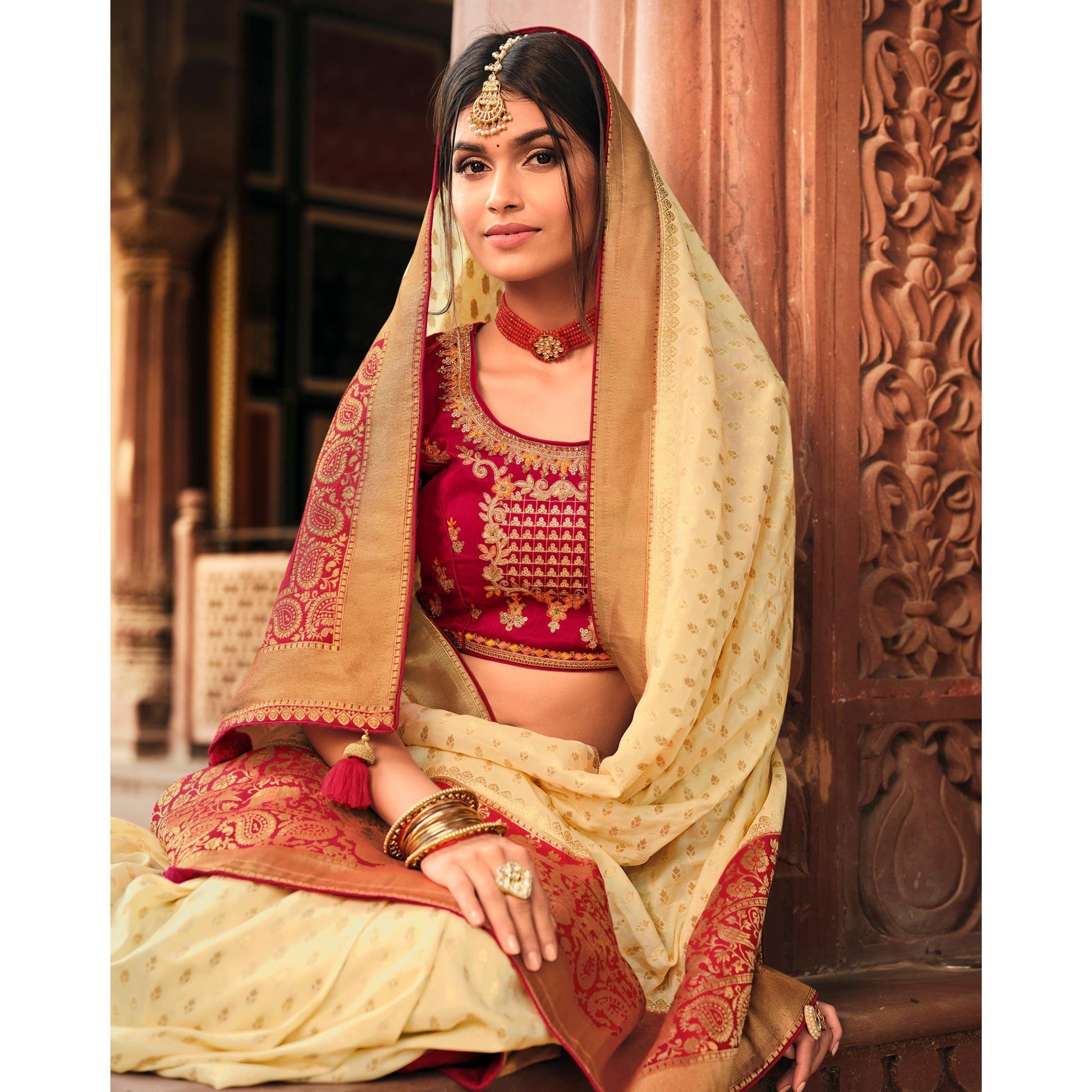 Cream Festive Wear Woven Silk Saree